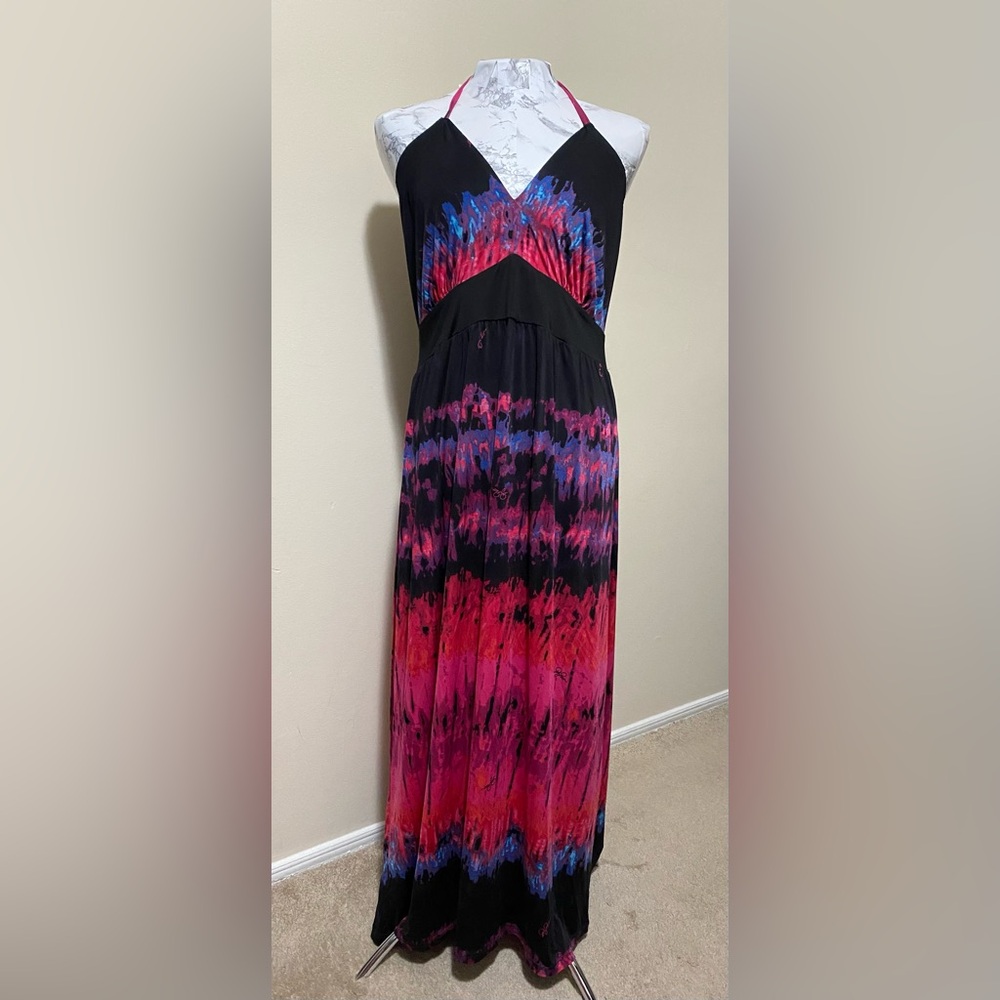 Baby Phat Womens 2X Pink Black Tie Dye Logo Y2K Midi Maxi Halter Stretch Dress